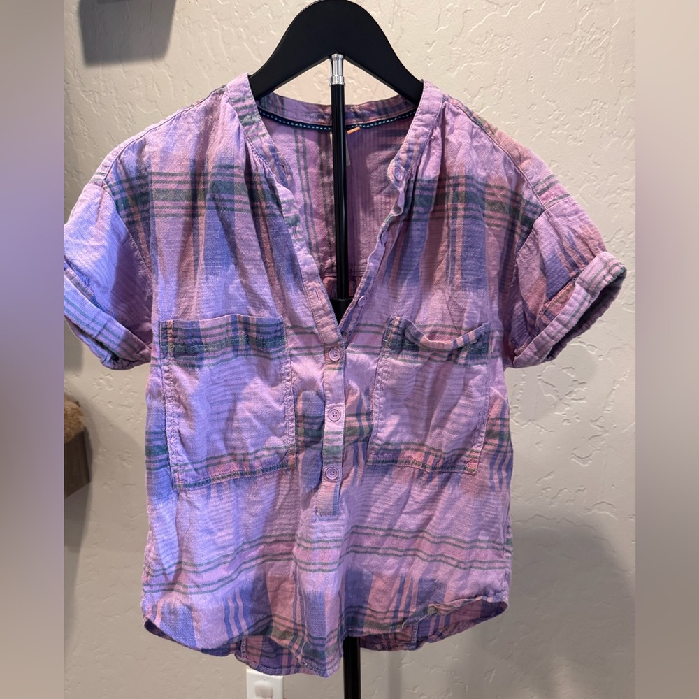 Pilcro Lavender Plaid Button-Down Short Sleeve Shirt